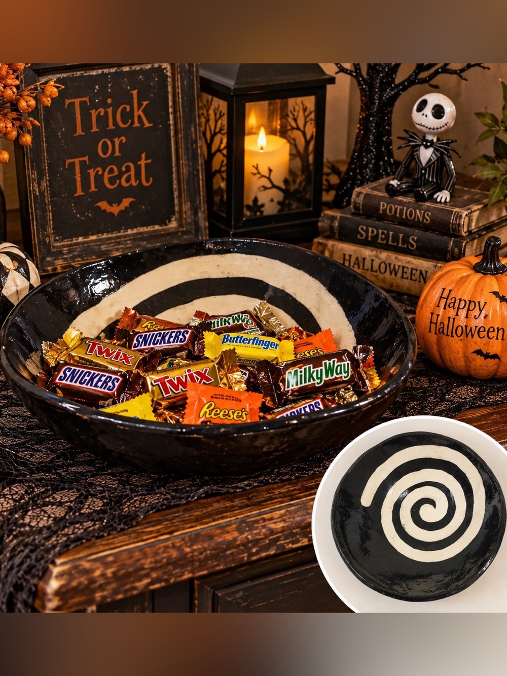 Handmade Ceramic Halloween Candy Bowl Black White Spiral Pottery 9”